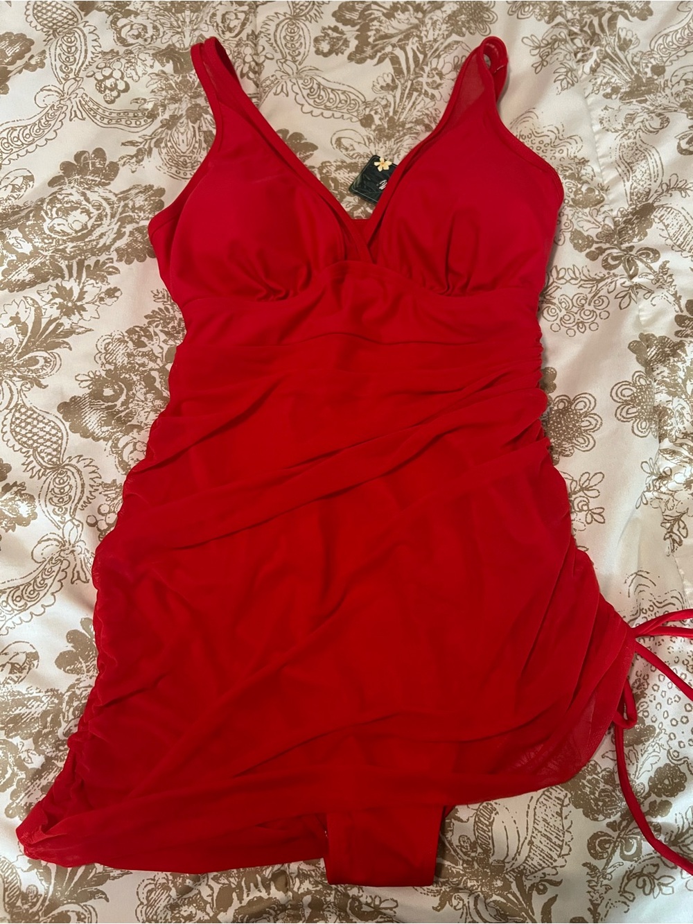 Red Women’s Tummy Control Swim dress One piece Mesh, Size Medium